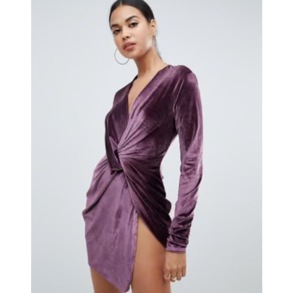 Club L London Long Sleeve Velvet Mini Dress Burgundy Color Size 8